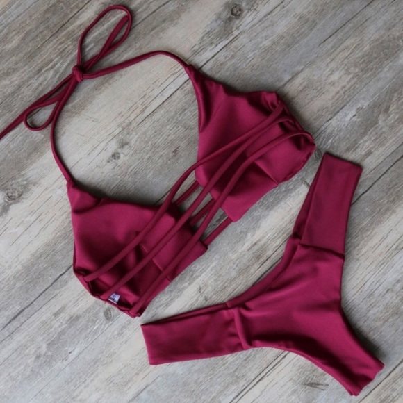 Wine Strappy Caged Bikini 2Pc Swimsuit - Picture 4 of 5